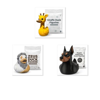 Duck Variety Collectible Figurine Bundle of 3 - Giraffe, Zeus, Playful Doberman - Mythical & Quirky Adult Desk Decor - 3D Printed in Canada
