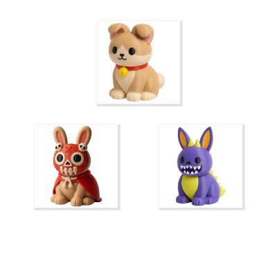 Bunny Variety Collectible Figurine Bundle of 3 - Scottish Fold Cat Bunny, Voodoo Skull Mask Purple Monster - Unique & Quirky Adult Desk Decor - 3D Printed in Canada