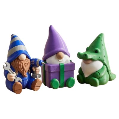 Gnome Variety Collectible Figurine Bundle of 3 - Whimsical Gnome, Mechanic Crocodile - Charming & Unique Adult Desk Decor - 3D Printed in Canada