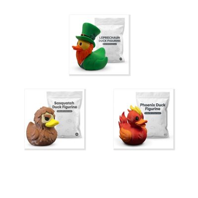 Mythological Duck Collectible Figurine Bundle of 3 - Leprechaun, Sasquatch, Phoenix - Magical & Quirky Adult Desk Decor - 3D Printed in Canada