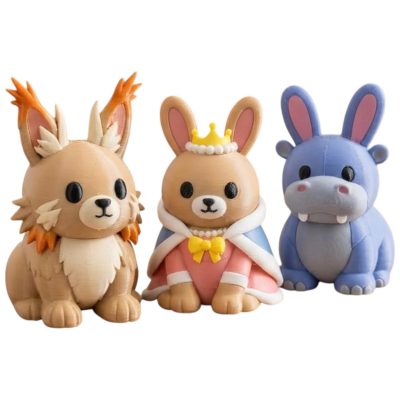 Bunny Variety Collectible Figurine Bundle of 3 - Lynx Bunny, Duchess Hippo - Whimsical & Elegant Adult Desk Decor - 3D Printed in Canada