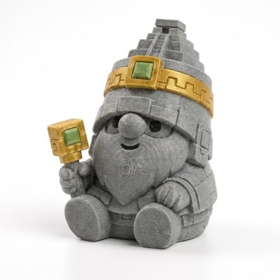 Mayan Stone Gnome Collectible Figurine - Intricate Bearded Gnome with Golden Crown and Staff for Unique Desk Decor, Office Accent, or Shelf Display - 3D Printed in Canada