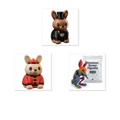 Bunny Variety Collectible Figurine Bundle of 3 - Groom Bunny, Traditional Chinese Outfit Skeleton - Unique & Adorable Adult Desk Decor - 3D Printed in Canada