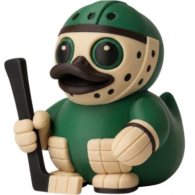Hockey Goalie Duck Figurine – Cute Goaltender Duck with Stick & Helmet – Ice Hockey Decor or Gift for Fans & Collectors – 3D Printed in Canada (Forest Green)
