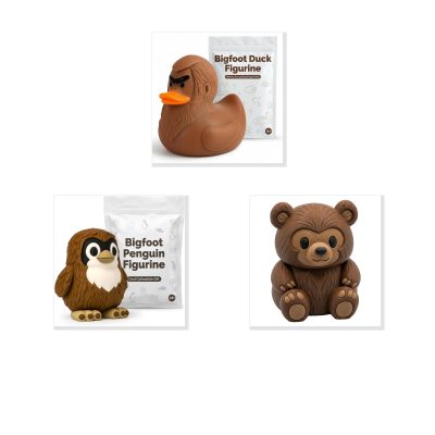 Bigfoot Collectible Figurine Bundle of 3 - Bigfoot Duck, Penguin, Bear - Whimsical & Quirky Adult Desk Decor - 3D Printed in Canada