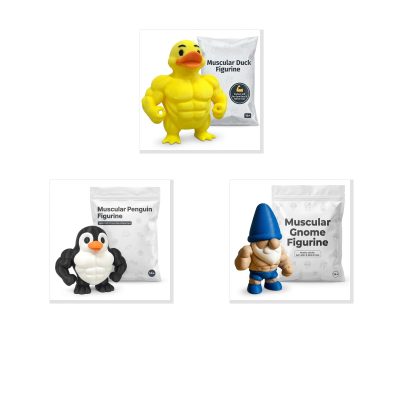 Muscular Collection Collectible Figurine Bundle of 3 - Duck, Penguin, Gnome - Funny & Quirky Adult Desk Decor - 3D Printed in Canada