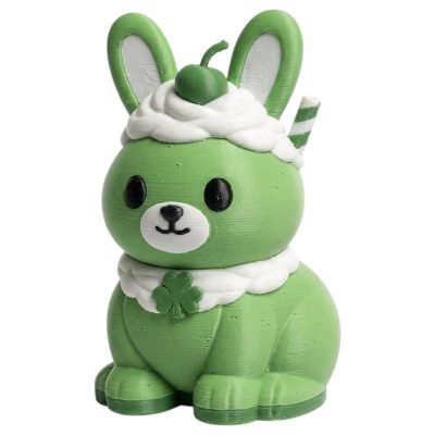 Shamrock Shake Bunny with Green Body Whipped Cream and Clover 3D Printed Collectible Figurine | St Patricks Day Rabbit Decor - 3D Printed in Canada