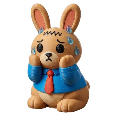 Stressed Out Office Bunny in Blue Shirt Red Tie with Sweat Drops 3D Printed Collectible Figurine | Funny Work Rabbit Decor - 3D Printed in Canada