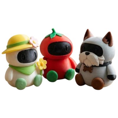 Robot Variety Collectible Figurine Bundle of 3 - Spring Garden Robot, Chili Pepper Schnauzer Dog - Whimsical & Unique Adult Desk Decor - 3D Printed in Canada