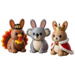 Bunny Variety 3-Pack Collectible Figurine Bundle of 3 - Thanksgiving Turkey Bunny, Koala Royal King - Whimsical & Charming Adult Desk Decor - 3D Printed in Canada
