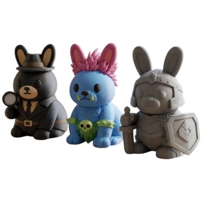 Bunny Variety Collectible Figurine Bundle of 3 - Shadow Detective Bunny, Blue Troll Stone Sentinel - Fantasy & Whimsical Adult Desk Decor - 3D Printed in Canada