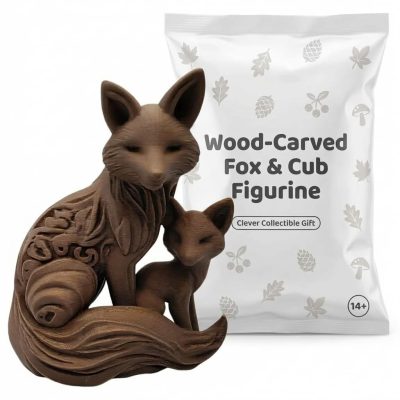 Wood-Carved Fox & Cub Figurine in Black Walnut Finish - 3D Printed in Canada (Black Walnut)