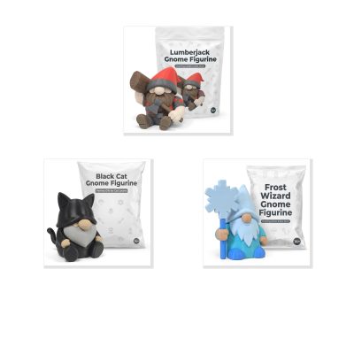Gnome Variety Collectible Figurine Bundle of 3 - Lumberjack, Black Cat, Frost Wizard - Rustic & Magical Adult Desk Decor - 3D Printed in Canada
