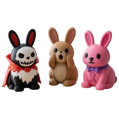 Bunny Variety Collectible Figurine Bundle of 3 - Evil Ghoul Bunny, Surprised Cancer Awareness - Spooky & Whimsical Adult Desk Decor - 3D Printed in Canada