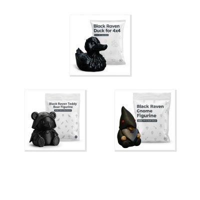 Black Raven Collectible Figurine Bundle of 3 - Black Raven Duck, Teddy Bear, Gnome - Gothic & Unique Adult Desk Decor - 3D Printed in Canada