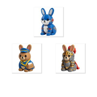 Bunny Variety Collectible Figurine Bundle of 3 - Mecha Robot Bunny, Postman Mail Carrier Armored Knight - Unique & Artistic Adult Desk Decor - 3D Printed in Canada