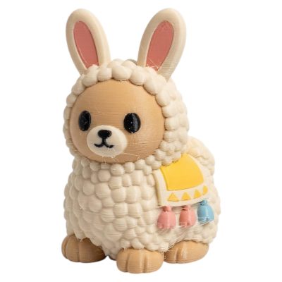 White Alpaca Bunny with Fluffy Wool Coat and Colorful Saddle Blanket 3D Printed Collectible Figurine | Farm Animal Rabbit Decor - 3D Printed in Canada