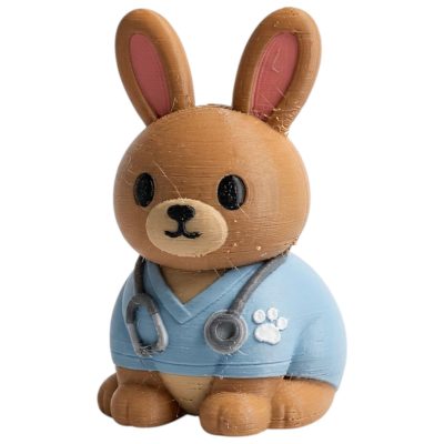 Veterinarian Bunny in Blue Scrubs with Stethoscope and Paw Print Badge 3D Printed Collectible Figurine | Vet Rabbit Desk Decor - 3D Printed in Canada