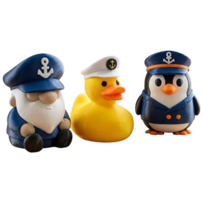 Captain's Hat Collectible Figurine Bundle of 3 - Gnome, Duck, Penguin - Nautical & Whimsical Adult Desk Decor - 3D Printed in Canada