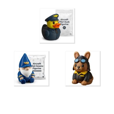 Aircraft Pilot Collectible Figurine Bundle of 3 - Duck, Gnome, Bunny - Fun & Quirky Adult Desk Decor - 3D Printed in Canada