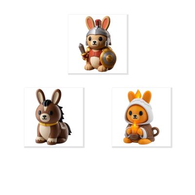 Bunny Variety Collectible Figurine Bundle of 3 - Gladiator Warrior Bunny, Brown Pony Horse Candlelight Monk - Unique & Whimsical Adult Desk Decor - 3D Printed in Canada