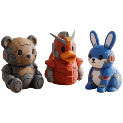 Mecha Collection Collectible Figurine Bundle of 3 - Mecha Teddy Bear Cub, Duck, Robot Bunny - Sci-Fi & Mechanical Adult Desk Decor - 3D Printed in Canada
