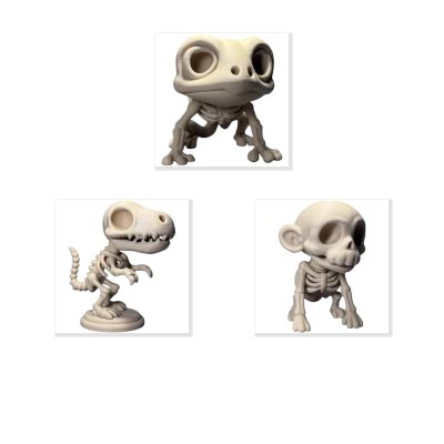 Chibi Skeleton Collectible Figurine Bundle of 3 - Frog, T-Rex, Monkey - Cute & Gothic Adult Desk Decor - 3D Printed in Canada