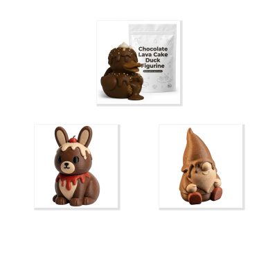 Chocolate Lava Cake Collectible Figurine Bundle of 3 - Duck, Bunny, Gnome - Dessert-Inspired Adult Desk Decor - 3D Printed in Canada
