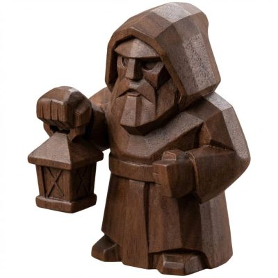 Wood Carved Style Hooded Wanderer Holding Lantern in Black Walnut Finish - 3D Printed in Canada (Black Walnut)