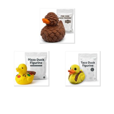 Food/Objects Duck Collectible Figurine Bundle of 3 - Pine Cone, Pizza, Taco - Humorous & Delicious Adult Desk Decor - 3D Printed in Canada