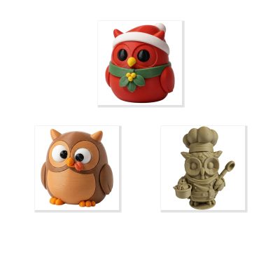 Owl Variety Collectible Figurine Bundle of 3 - Mistletoe Owl, Derpy Cook - Whimsical & Fun Adult Desk Decor - 3D Printed in Canada