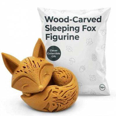 Wood-Carved Sleeping Fox Figurine in Ochre Yellow Finish - 3D Printed in Canada (Ochre Yellow)