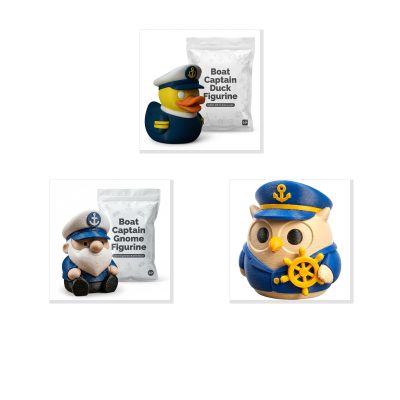 Boat Captain Collectible Figurine Bundle of 3 - Duck, Gnome, Owl - Nautical & Whimsical Adult Desk Decor - 3D Printed in Canada
