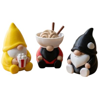 Gnome Variety Collectible Figurine Bundle of 3 - Popcorn Gnome, Ramen Orca - Whimsical & Unique Adult Desk Decor - 3D Printed in Canada