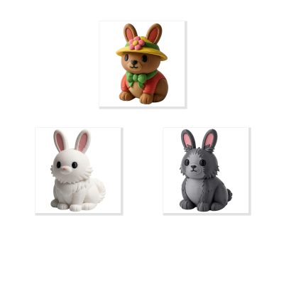 Bunny Variety Collectible Figurine Bundle of 3 - Spring Bonnet Bunny, Turkish Angora Lykoi Werewolf - Whimsical & Collectible Adult Desk Decor - 3D Printed in Canada