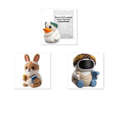 Greek Philosopher Collectible Figurine Bundle of 3 - Philosopher Duck, Laurel Wreath Bunny, Robot - Intellectual & Artistic Adult Desk Decor - 3D Printed in Canada