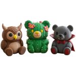 Teddy Variety Collectible Figurine Bundle of 3 - Horned Owl, Cactus Bear, Vampire Teddy - Whimsical & Unique Adult Desk Decor - 3D Printed in Canada