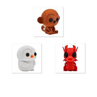 Knitted Collection Collectible Figurine Bundle of 3 - Monkey, Penguin, Dragon - Cozy & Unique Adult Desk Decor - 3D Printed in Canada