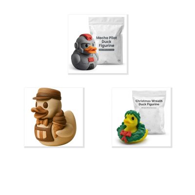 Duck Variety Collectible Figurine Bundle of 3 - Mecha Pilot Duck, Ice Cream Vendor Christmas Wreath - Unique & Fun Adult Desk Decor - 3D Printed in Canada