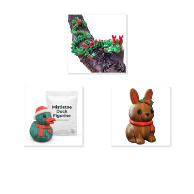 Mistletoe Collection Collectible Figurine Bundle of 3 - Mistletoe Dragon, Duck, Bunny - Festive & Unique Adult Desk Decor - 3D Printed in Canada