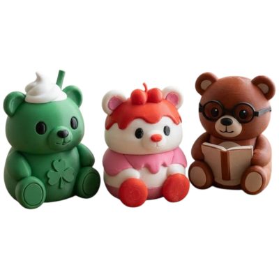Teddy Variety Collectible Figurine Bundle of 3 - Shamrock Shake, Cherry Cheesecake, Bookworm - Charming & Whimsical Adult Desk Decor - 3D Printed in Canada