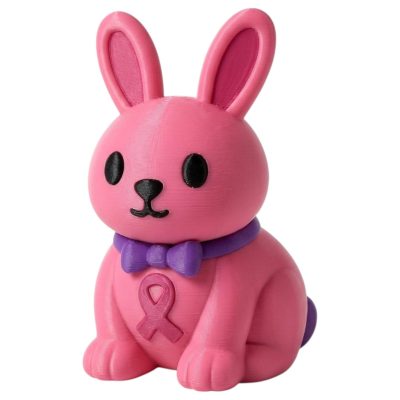 Cancer Awareness Pink Bunny with Ribbon and Purple Bow Tie 3D Printed Collectible Figurine | Charity Rabbit Shelf Decor - 3D Printed in Canada