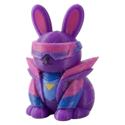 Synthwave Bunny with Futuristic Visor and Purple Neon Armor 3D Printed Collectible Figurine | Retro Cyber Rabbit Desk Decor - 3D Printed in Canada