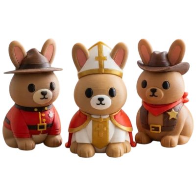 Bunny Variety Collectible Figurine Bundle of 3 - Pope Bishop Bunny, Canadian Mountie Cowboy Sheriff - Whimsical & Unique Adult Desk Decor - 3D Printed in Canada