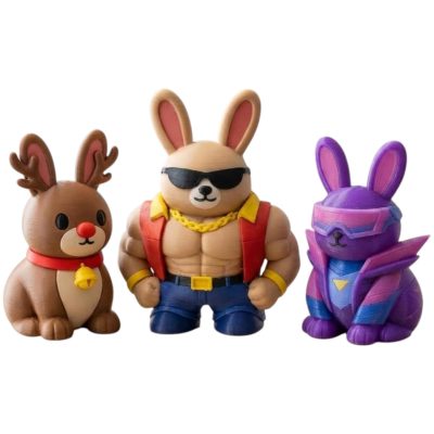 Bunny Variety 3-Pack Collectible Figurine Bundle of 3 - Chad Bunny, Rudolph Synthwave - Fun & Quirky Adult Desk Decor - 3D Printed in Canada