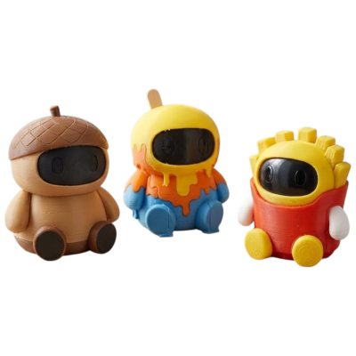 Robot Variety Collectible Figurine Bundle of 3 - Acorn Robot, Melting Pop French Fry - Whimsical & Fun Adult Desk Decor - 3D Printed in Canada