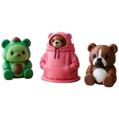 Bear Variety Collectible Figurine Bundle of 3 - Avocado Bear, Hoodie Boxer Dog - Charming & Adorable Adult Desk Decor - 3D Printed in Canada