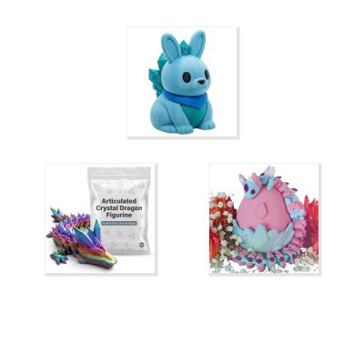 Crystal Collection Collectible Figurine Bundle of 3 - Crystal Bunny, Articulated Dragon, Dragon Eggling - Unique & Fantasy Adult Desk Decor - 3D Printed in Canada