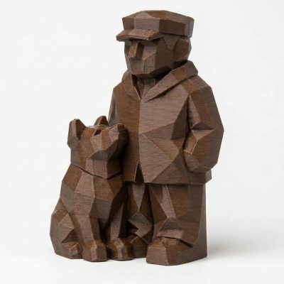 Wood Carved-Like Man and His Dog Figurine - Unique Desk Decor for Adults – 3D Printed in Canada - 3D Printed in Canada (Black Walnut)