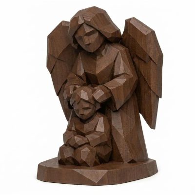Wood Carved Angel Watching Over Collectible Figurine in Black Walnut Finish - 3D Printed in Canada (Black Walnut)
